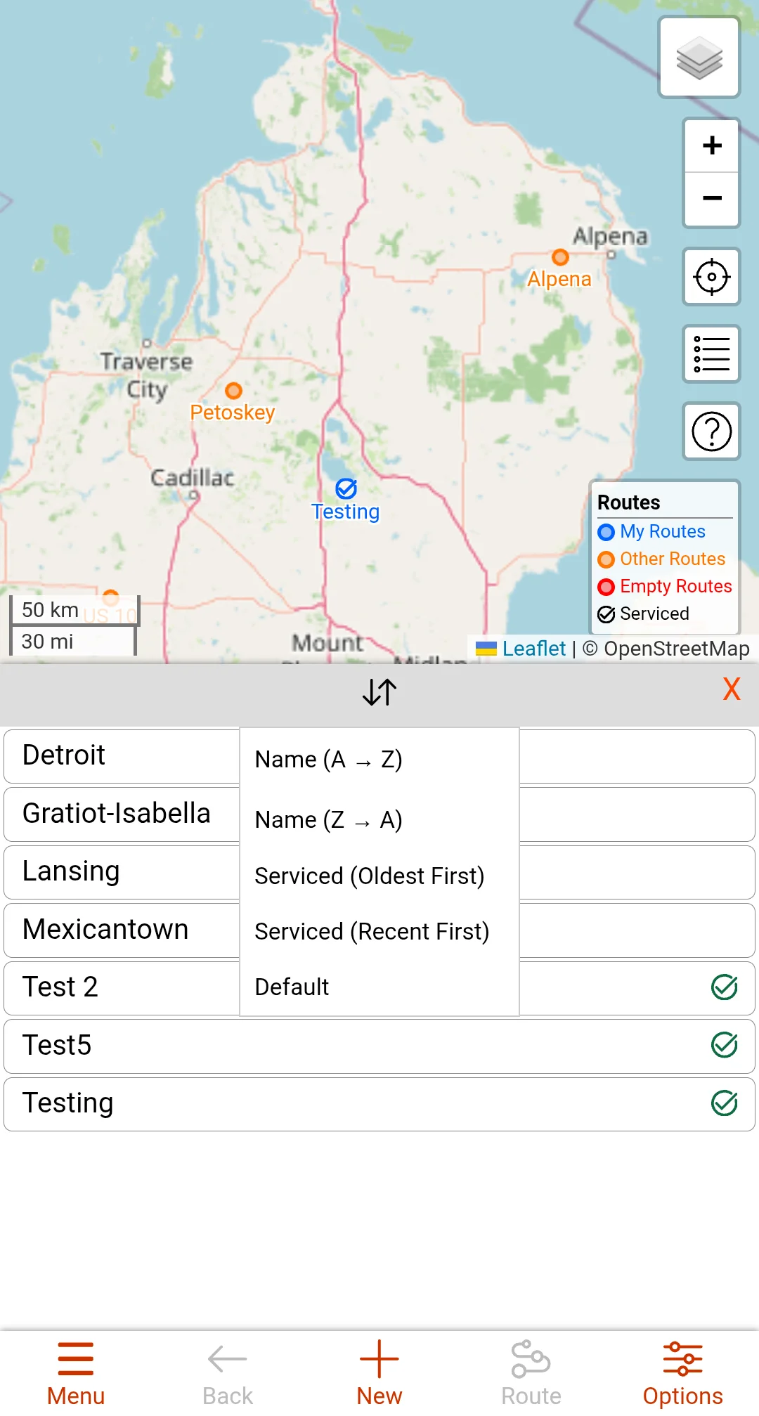 Image of the Route List sort options