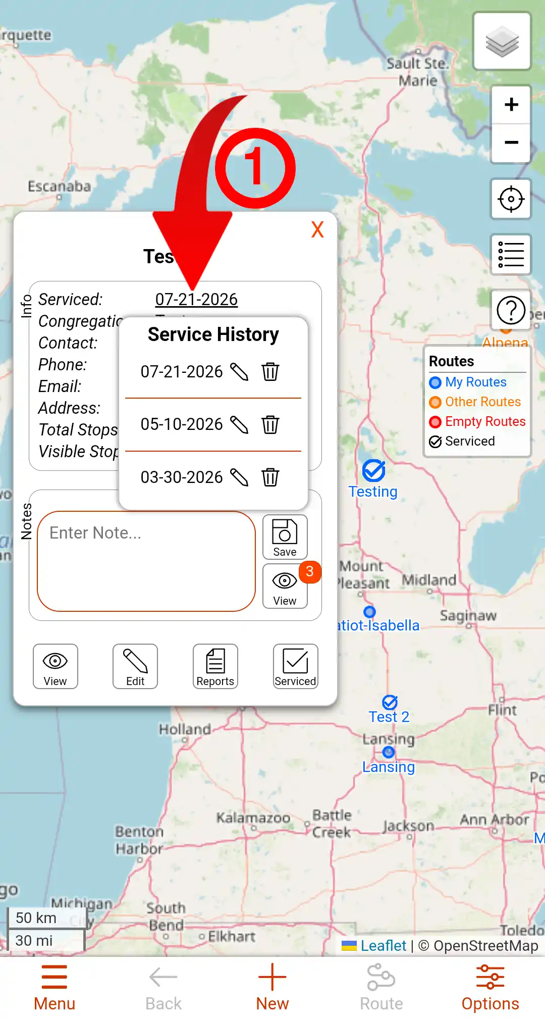 Image of the Route Dialog showing how to view past serviced dates.